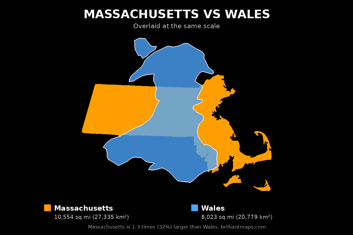 Massachusetts vs Wales Size Comparison Map