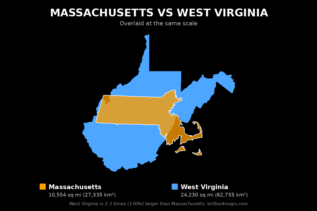 Massachusetts vs West Virginia Size Comparison Map