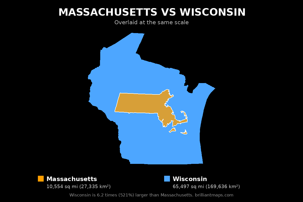 Massachusetts vs Wisconsin Size Comparison Map