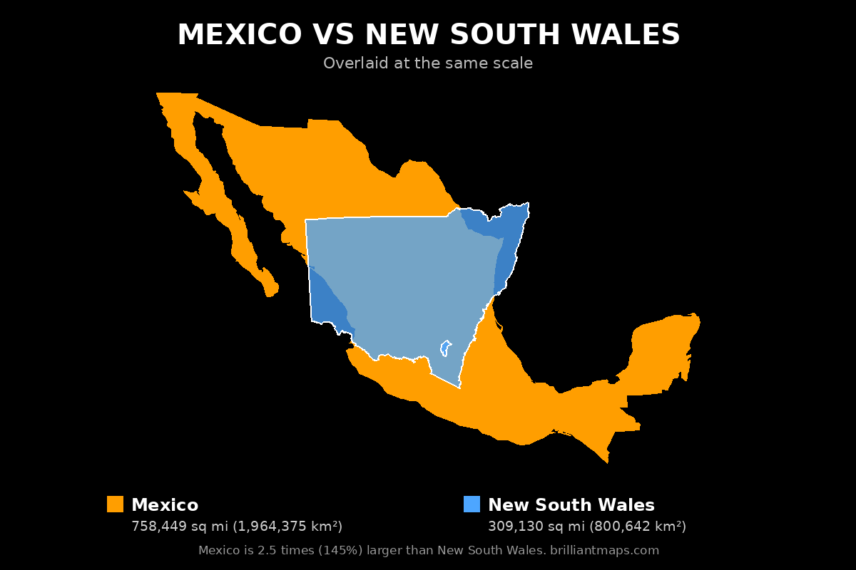 Mexico vs New South Wales Size Comparison Map