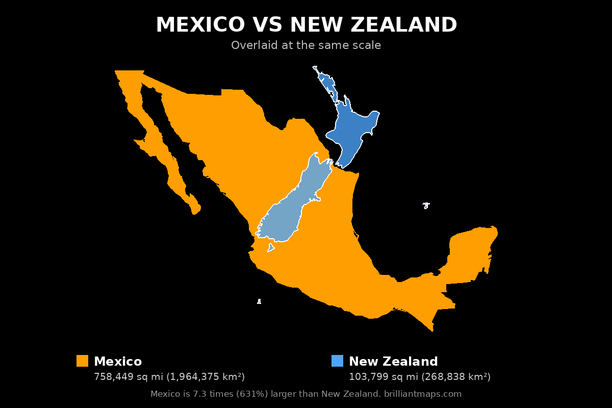 Mexico vs New Zealand Size Comparison Map