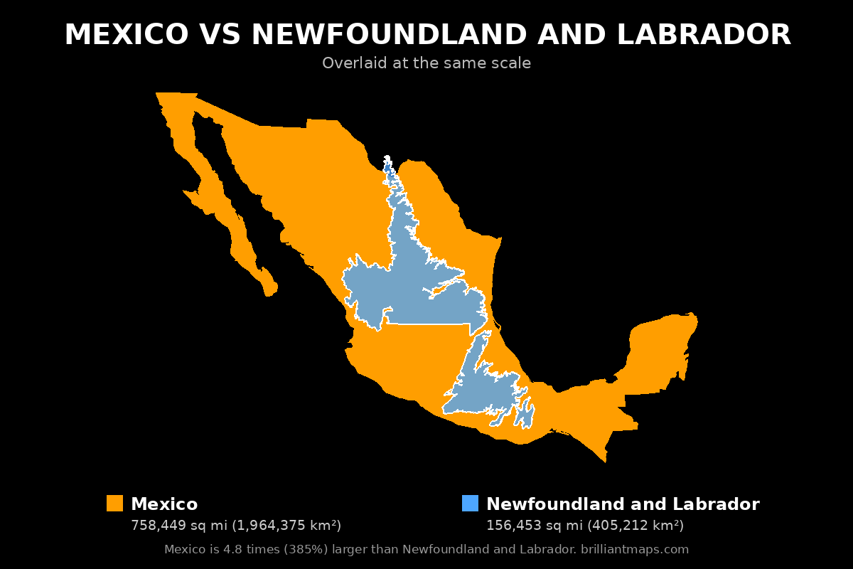 Mexico vs Newfoundland and Labrador Size Comparison Map
