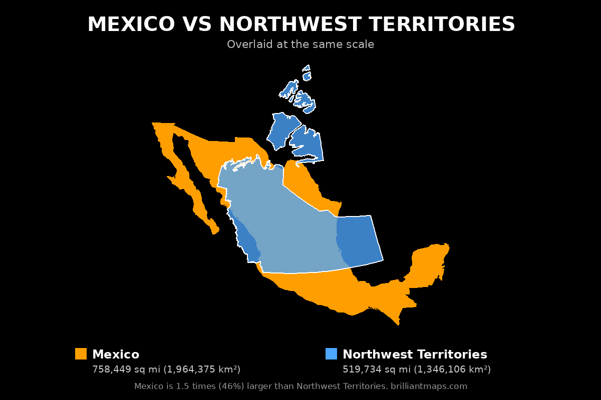 Mexico vs Northwest Territories Size Comparison Map