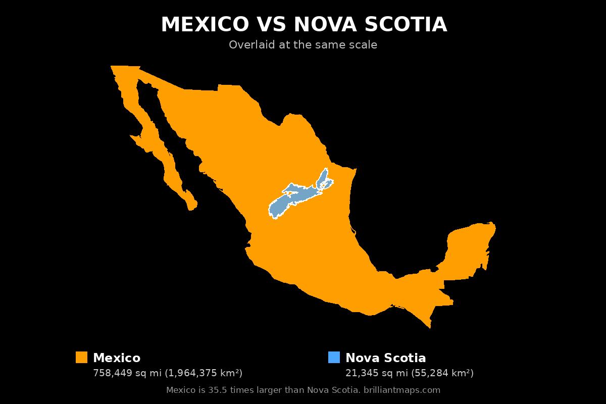 Mexico vs Nova Scotia Size Comparison Map