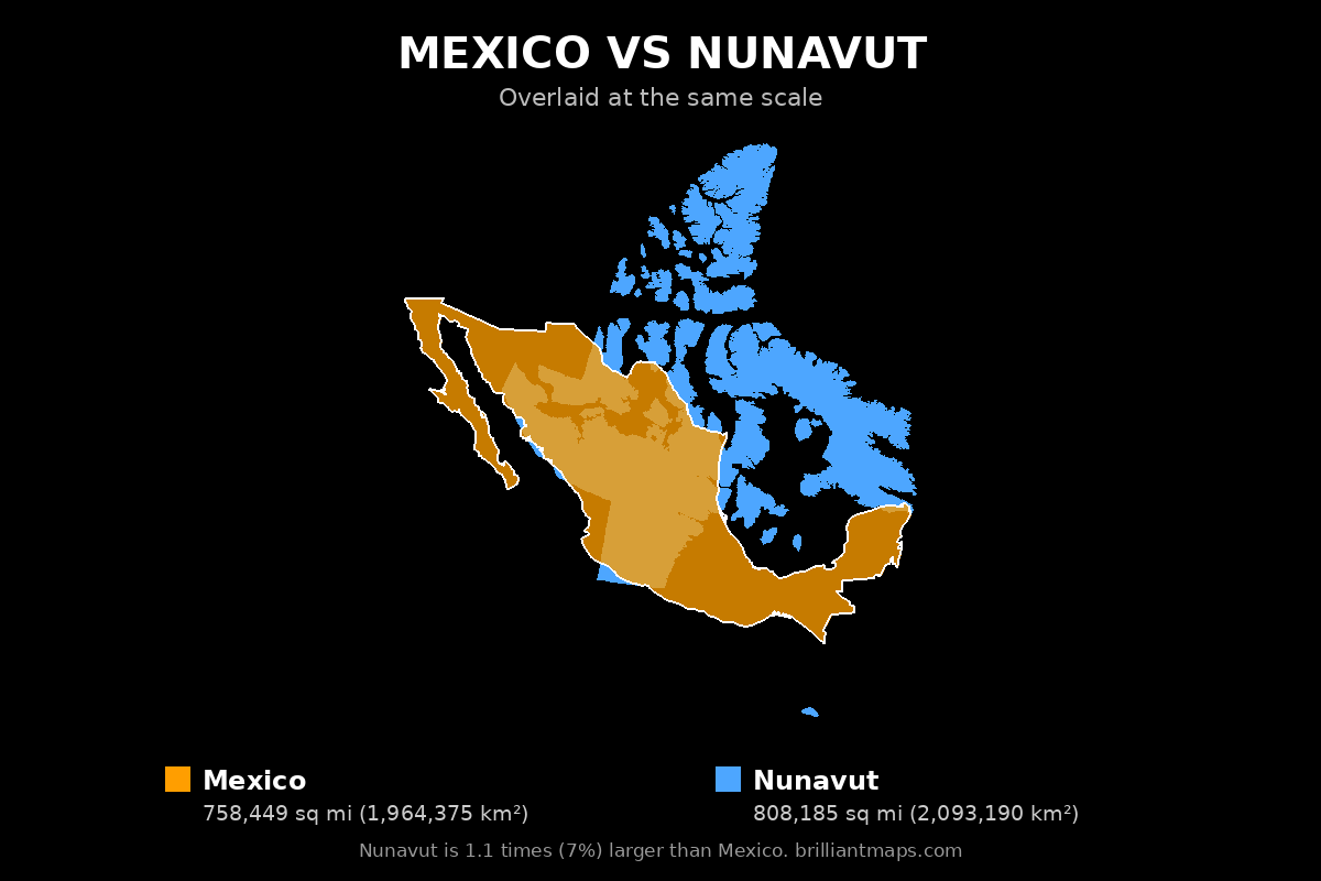 Mexico vs Nunavut Size Comparison Map