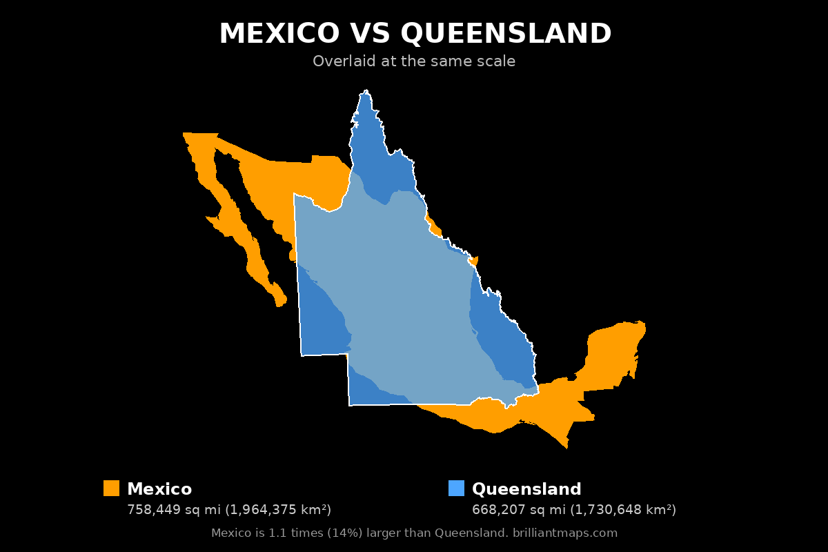 Mexico vs Queensland Size Comparison Map