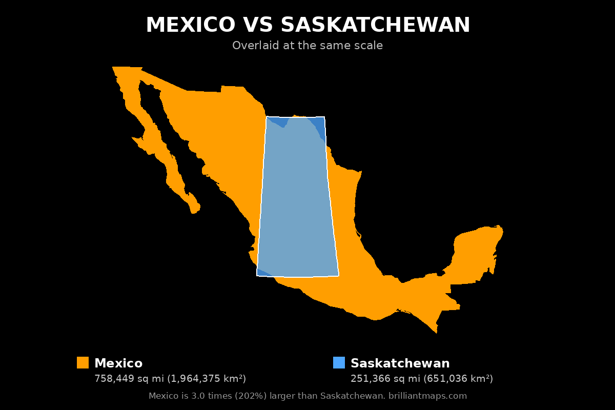 Mexico vs Saskatchewan Size Comparison Map