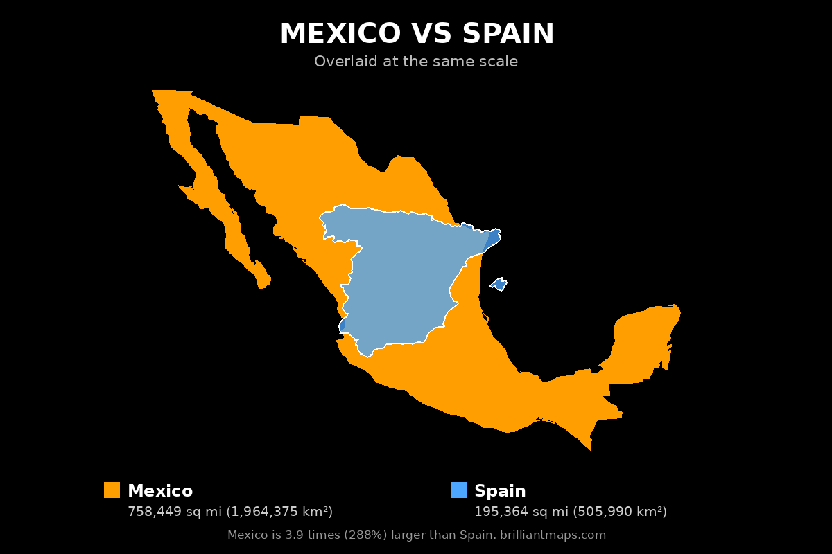 Mexico vs Spain Size Comparison Map
