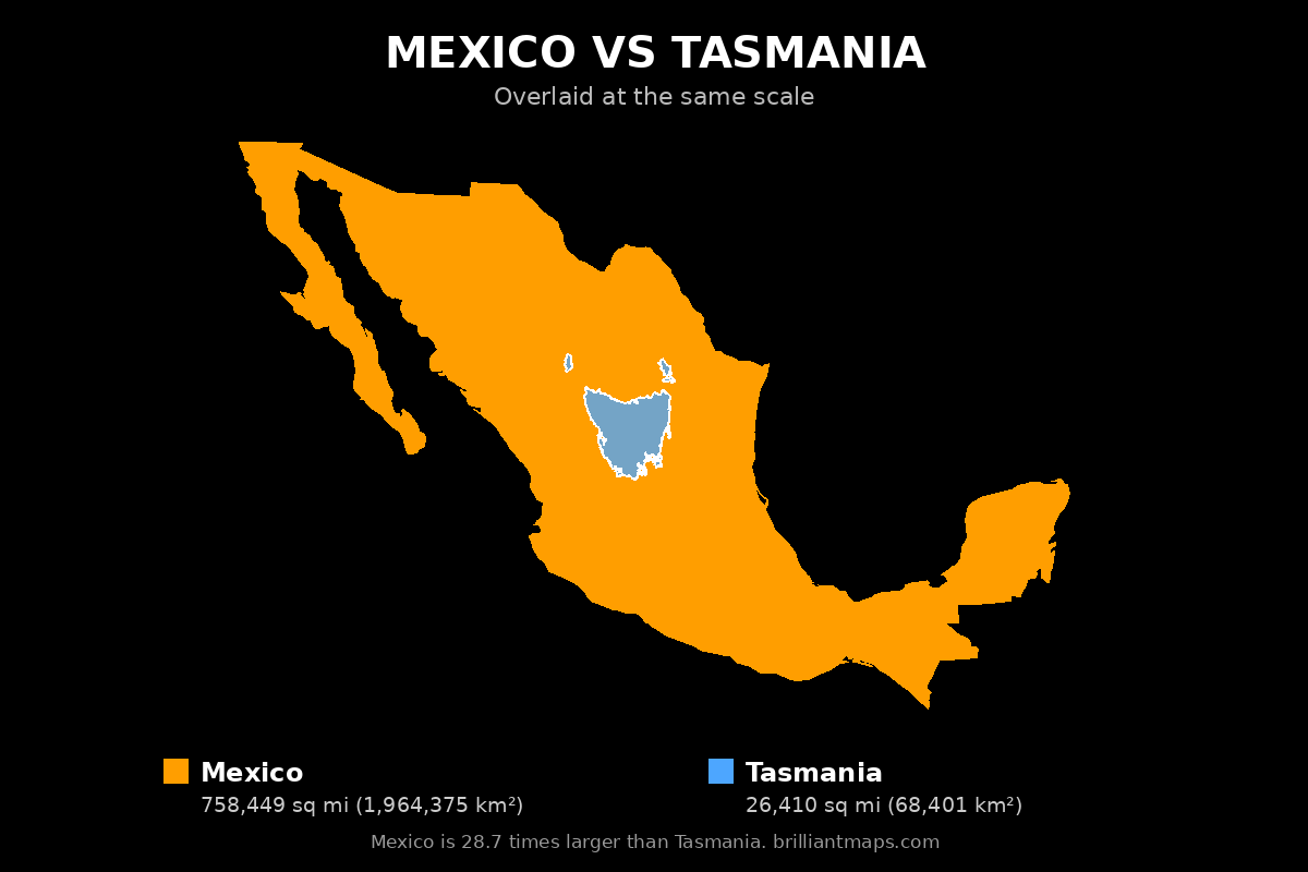 Mexico vs Tasmania Size Comparison Map