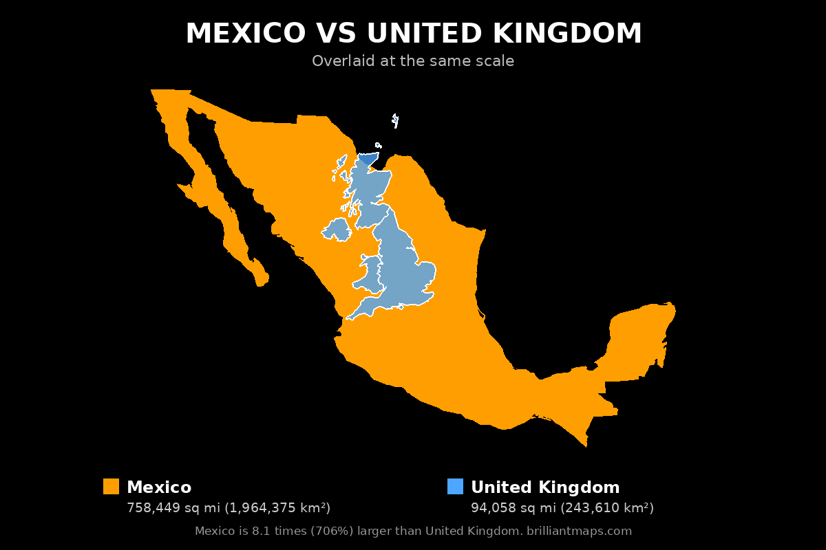 Mexico vs United Kingdom Size Comparison Map