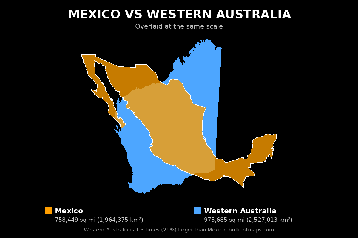 Mexico vs Western Australia Size Comparison Map