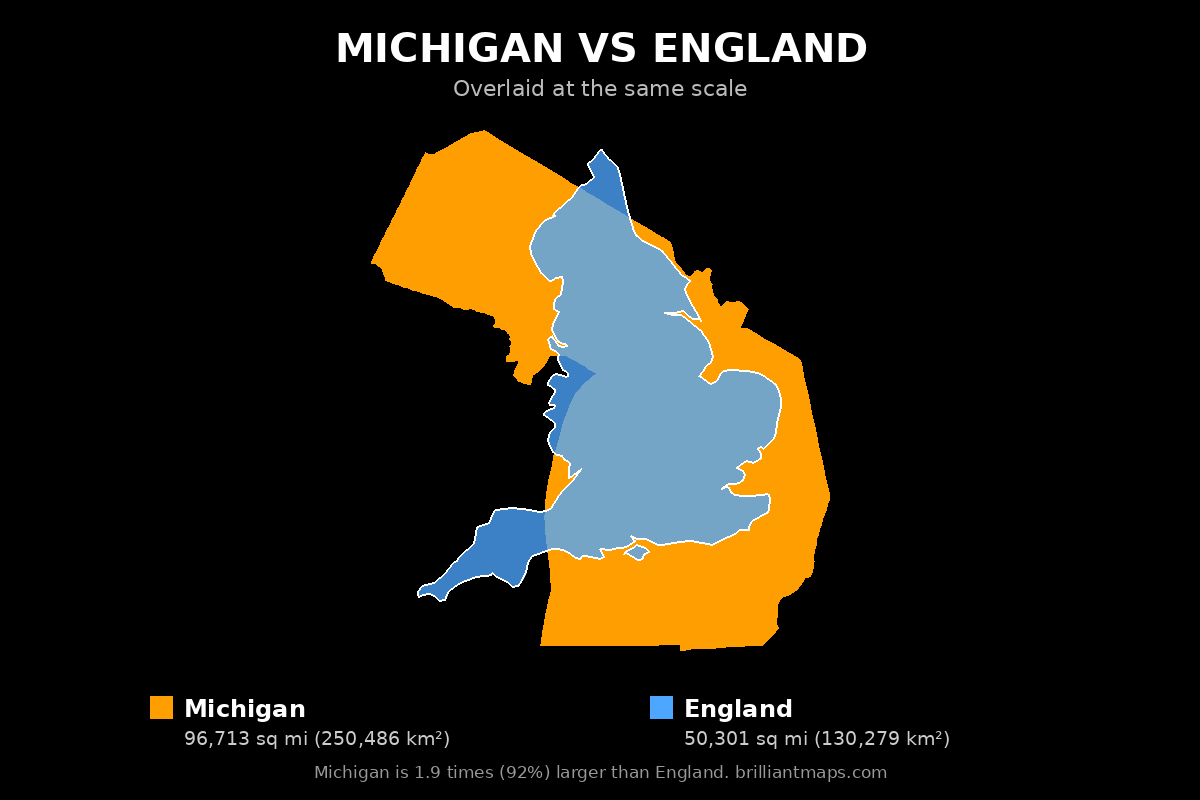 Michigan vs England Size Comparison Map