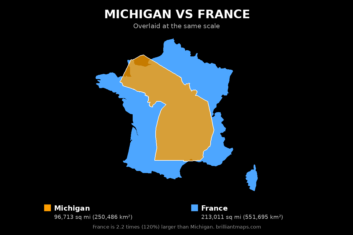 Michigan vs France Size Comparison Map