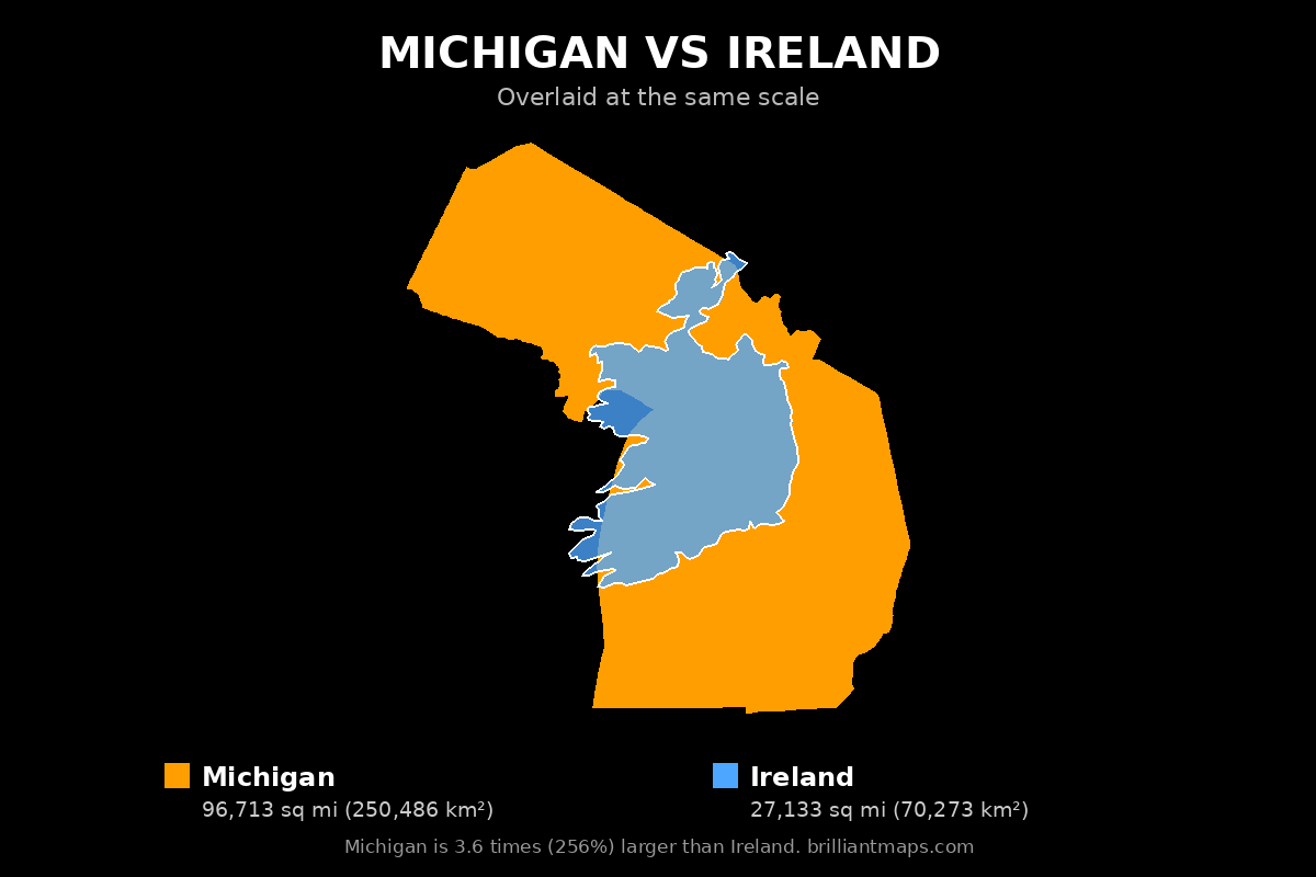 Michigan vs Ireland Size Comparison Map
