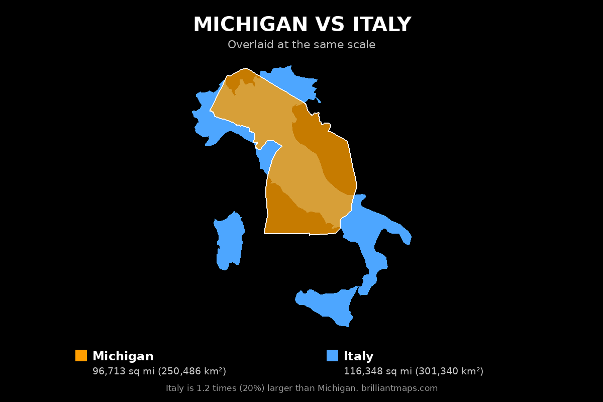 Michigan vs Italy Size Comparison Map