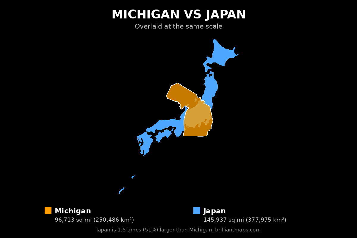 Michigan vs Japan Size Comparison Map