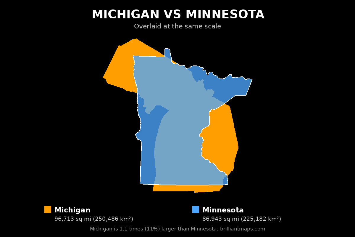Michigan vs Minnesota Size Comparison Map