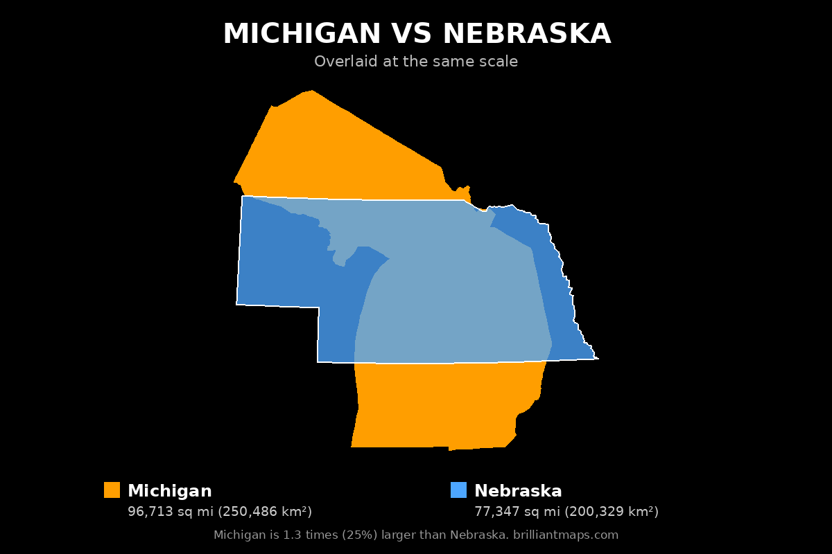 Michigan vs Nebraska Size Comparison Map
