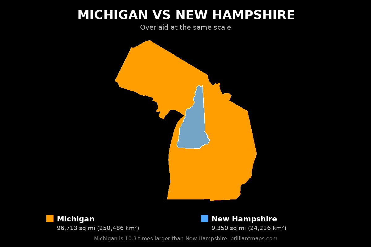 Michigan vs New Hampshire Size Comparison Map