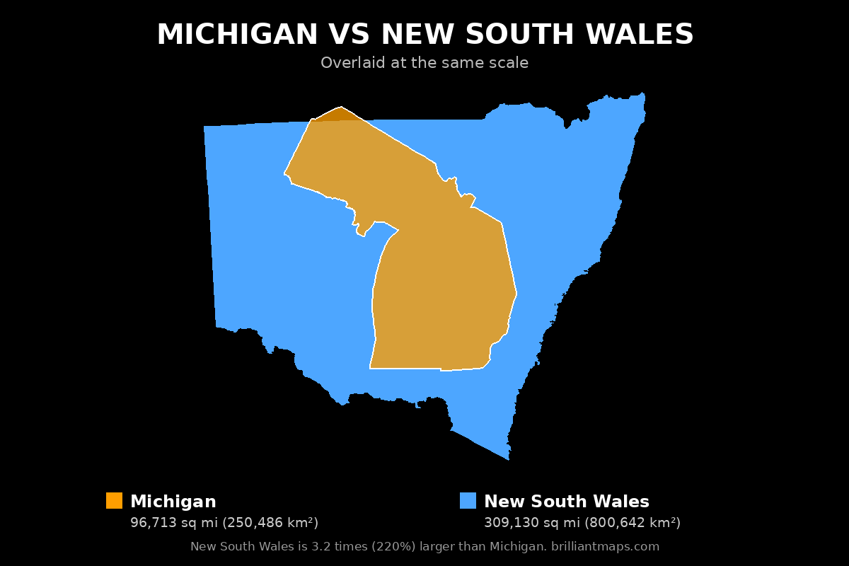 Michigan vs New South Wales Size Comparison Map