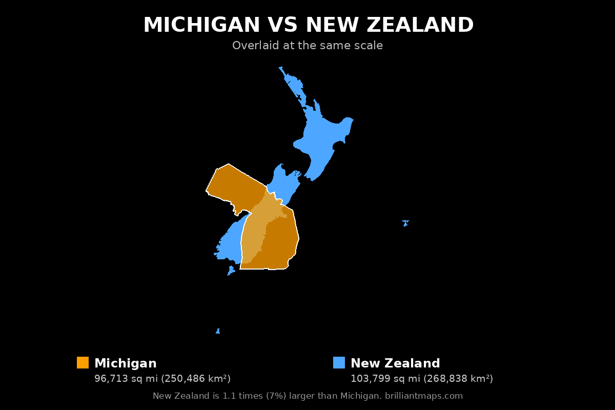 Michigan vs New Zealand Size Comparison Map