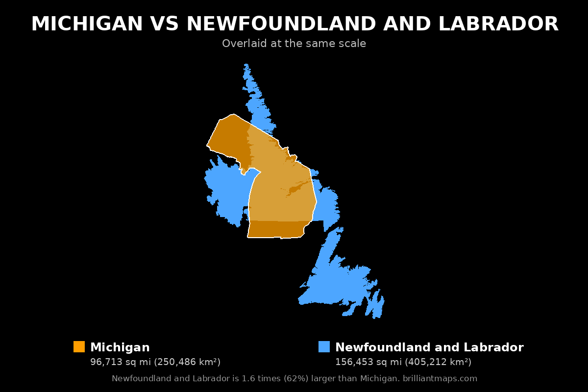 Michigan vs Newfoundland and Labrador Size Comparison Map