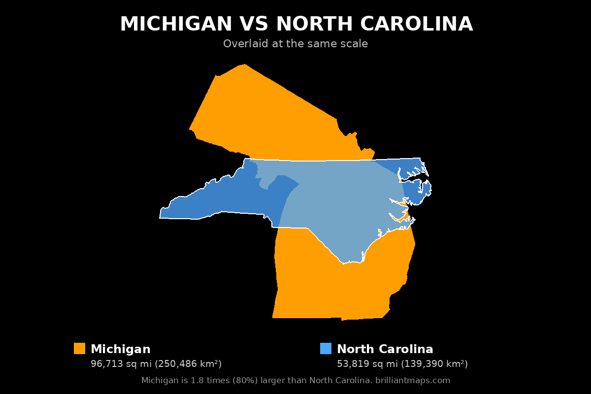 Michigan vs North Carolina Size Comparison Map