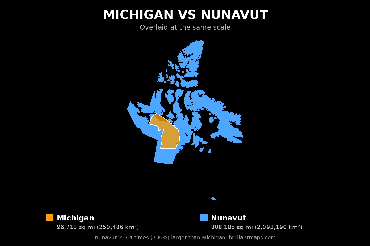 Michigan vs Nunavut Size Comparison Map