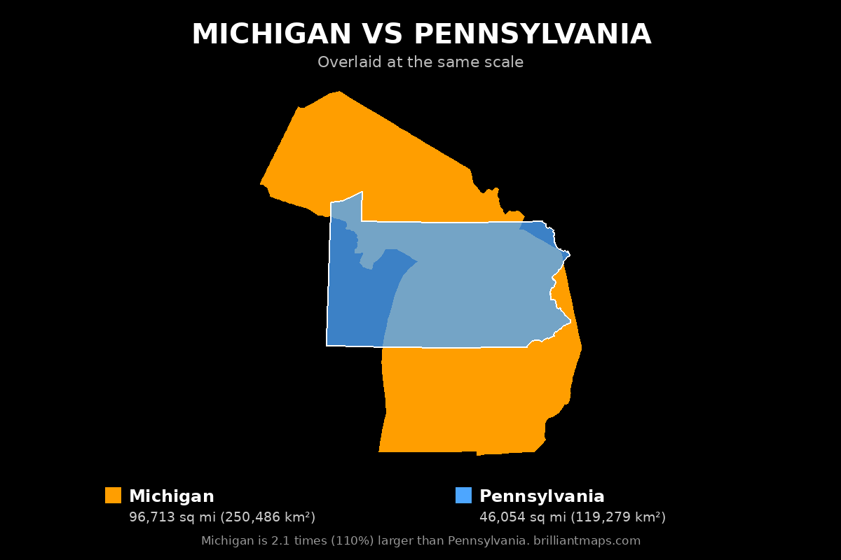 Michigan vs Pennsylvania Size Comparison Map