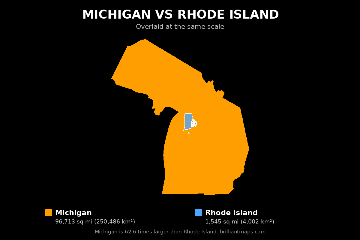 Michigan vs Rhode Island Size Comparison Map