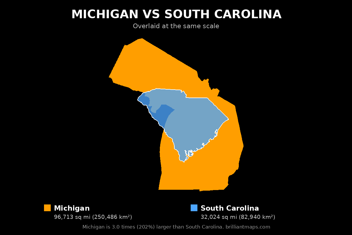Michigan vs South Carolina Size Comparison Map