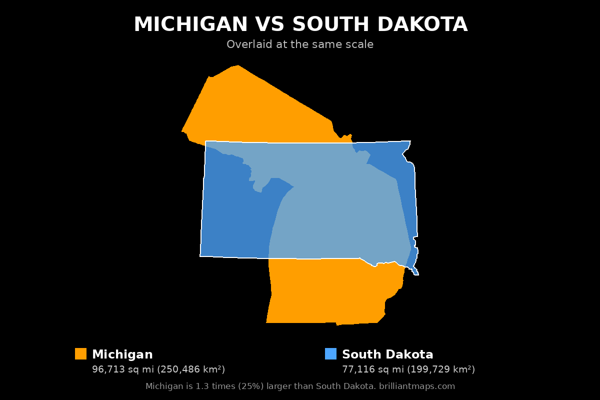 Michigan vs South Dakota Size Comparison Map