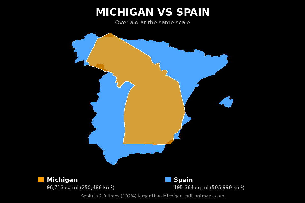 Michigan vs Spain Size Comparison Map