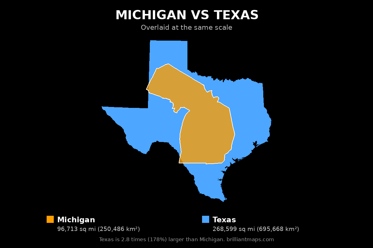 Michigan vs Texas Size Comparison Map