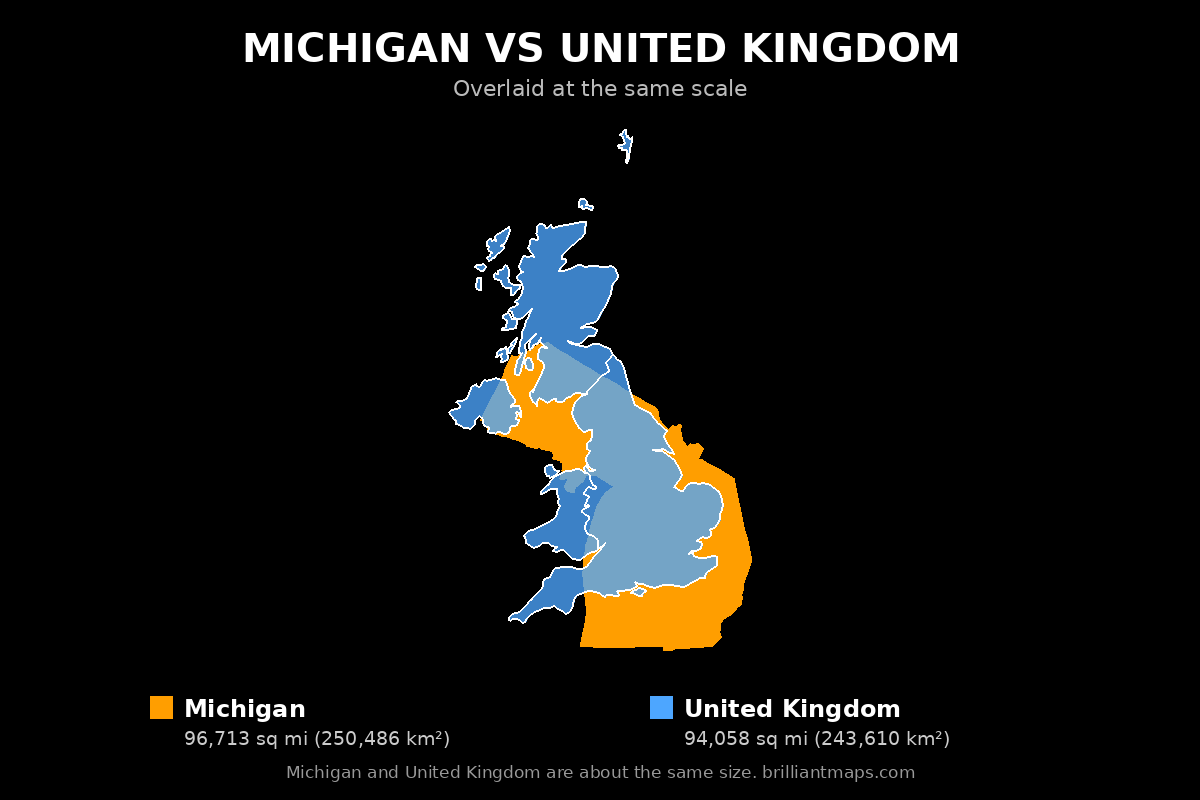 Michigan vs United Kingdom Size Comparison Map