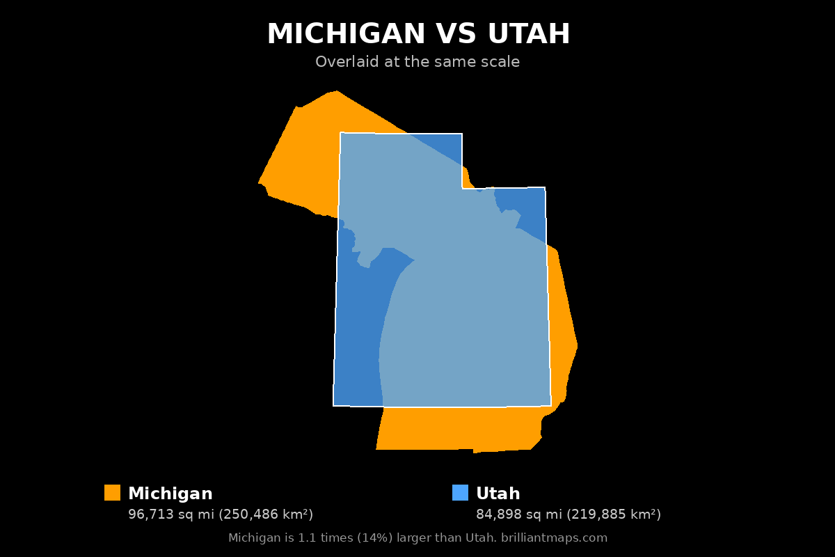 Michigan vs Utah Size Comparison Map