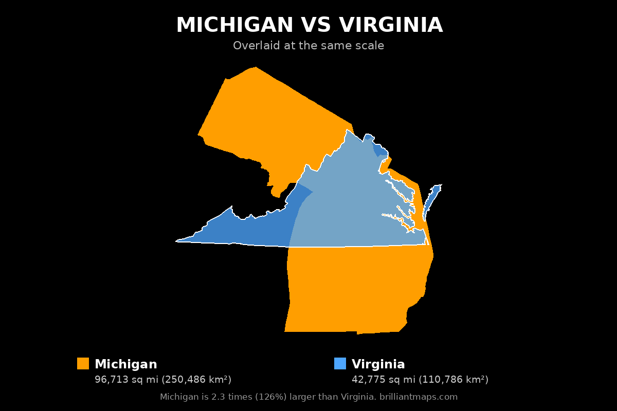 Michigan vs Virginia Size Comparison Map