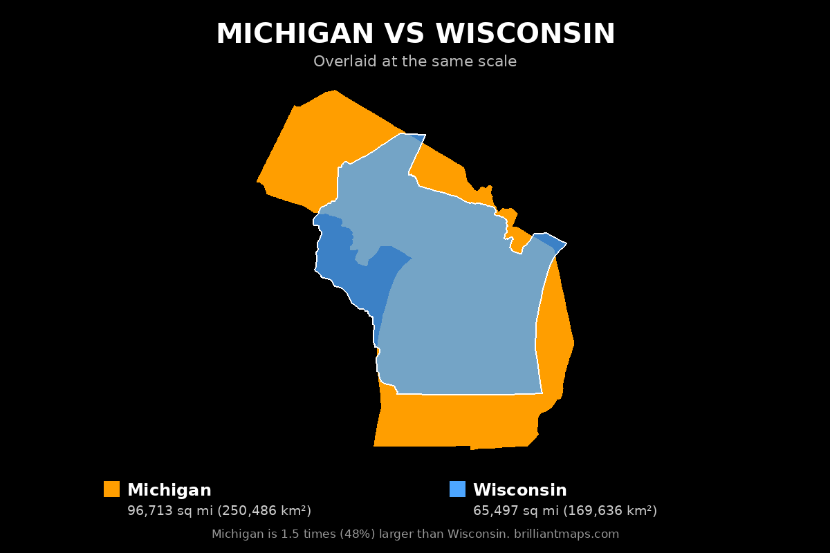 Michigan vs Wisconsin Size Comparison Map