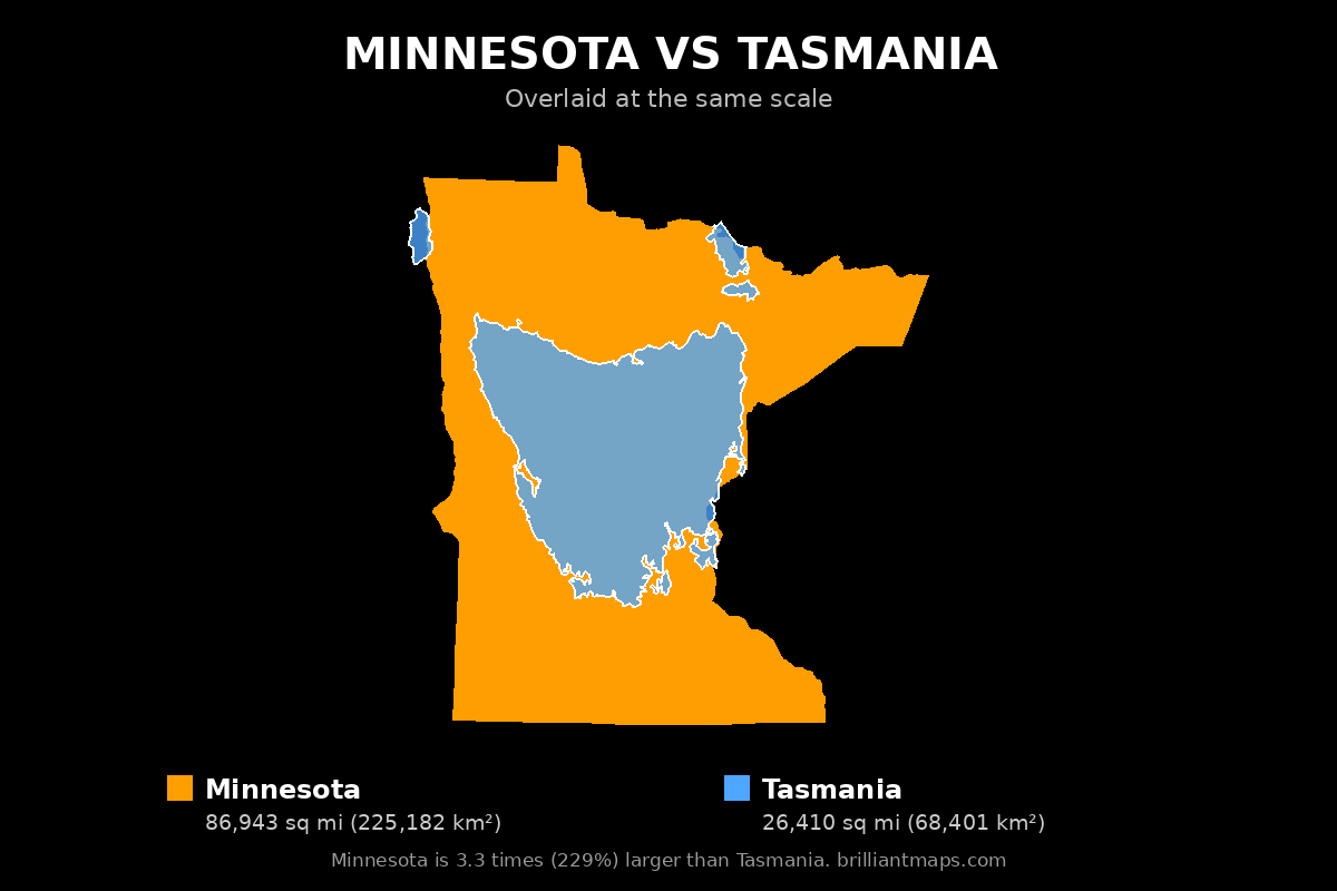 Minnesota vs Tasmania Size Comparison Map
