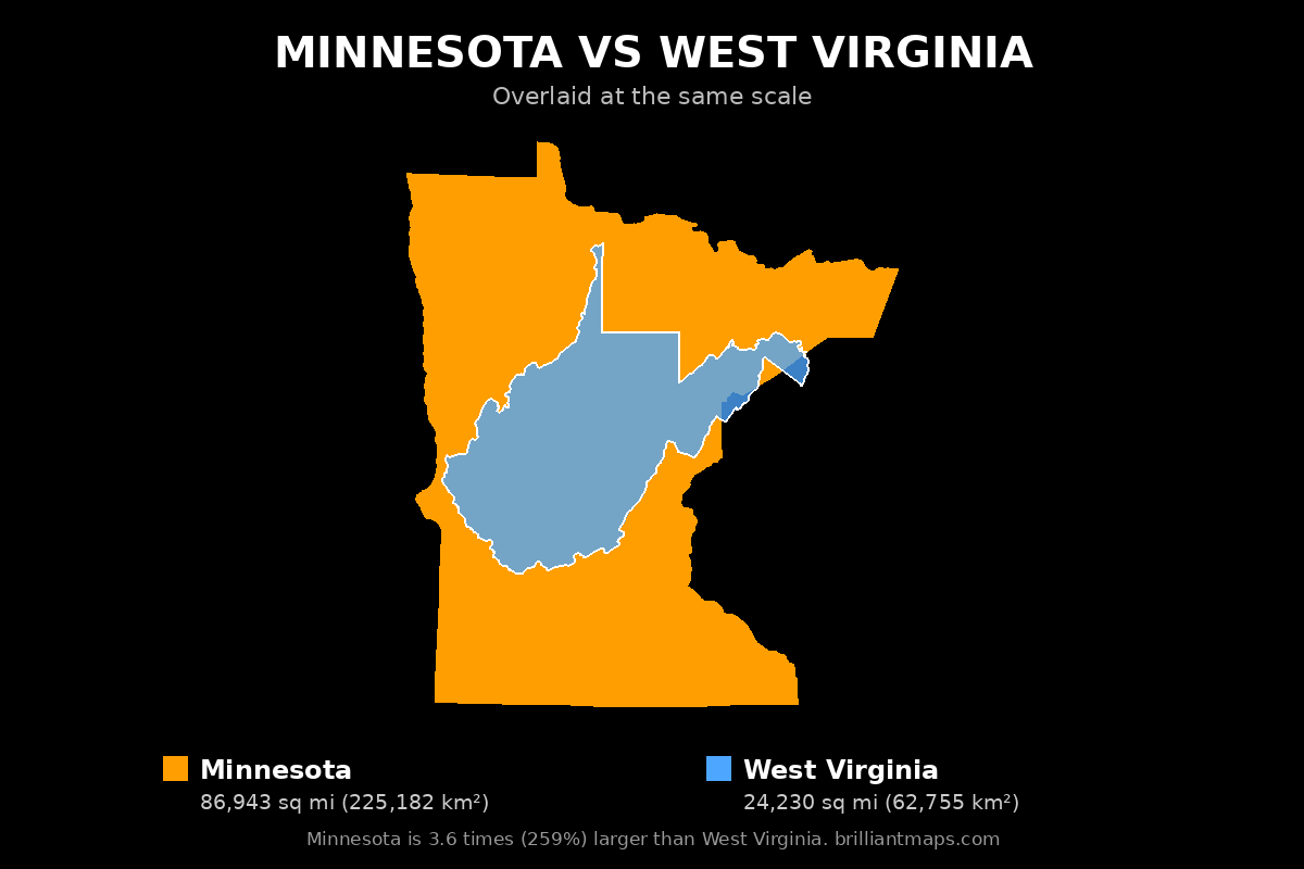 Minnesota vs West Virginia Size Comparison Map