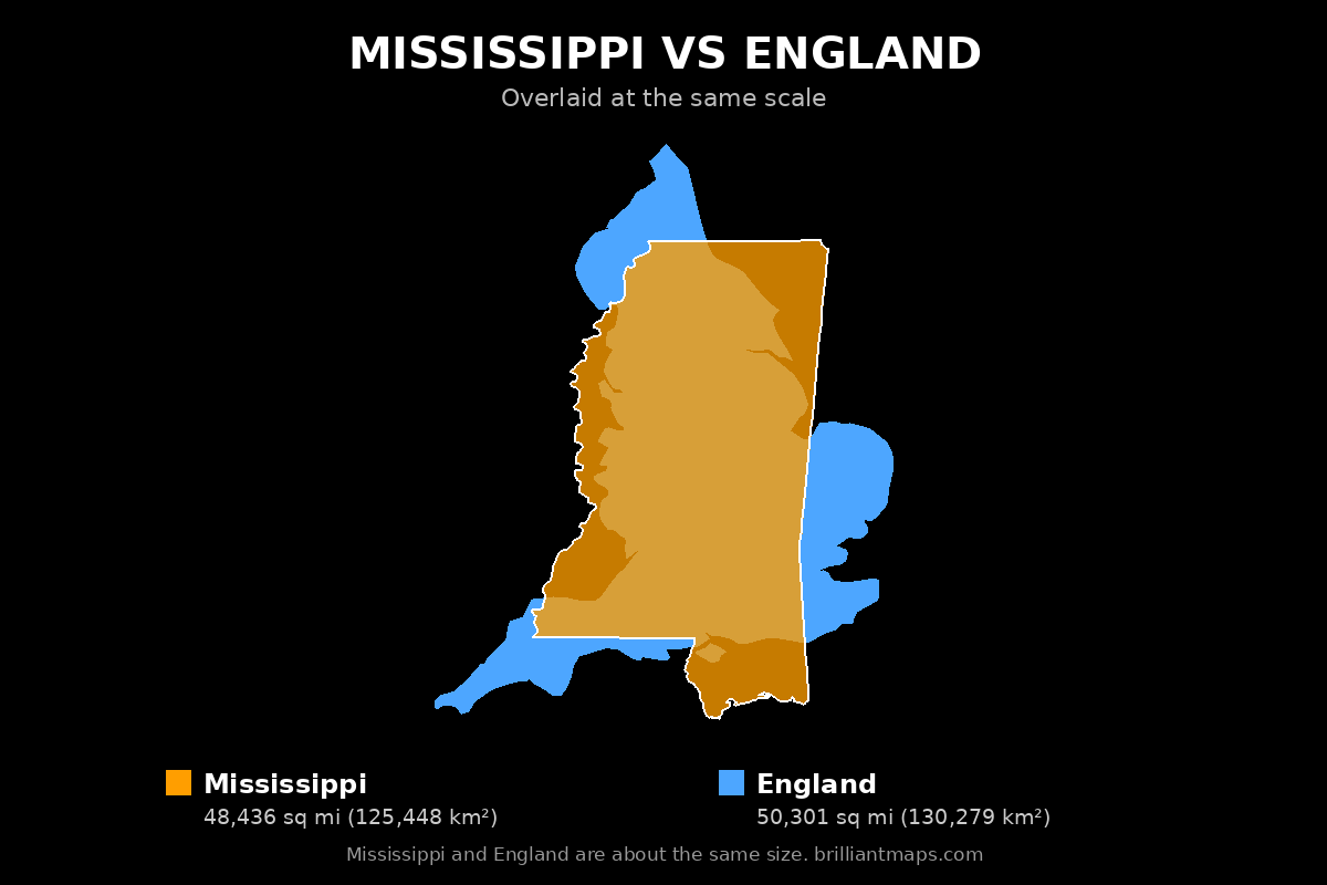 Mississippi vs England Size Comparison Map