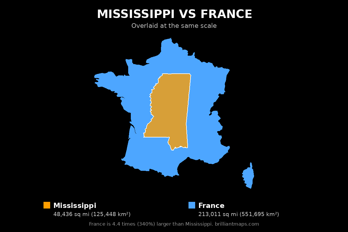 Mississippi vs France Size Comparison Map
