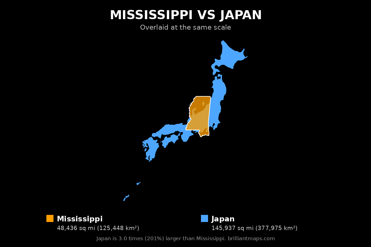 Mississippi vs Japan Size Comparison Map