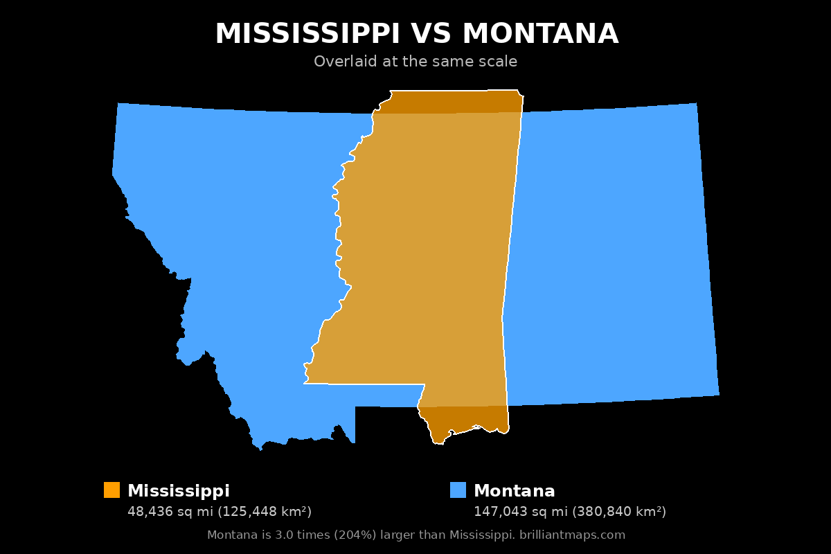 Mississippi vs Montana Size Comparison Map