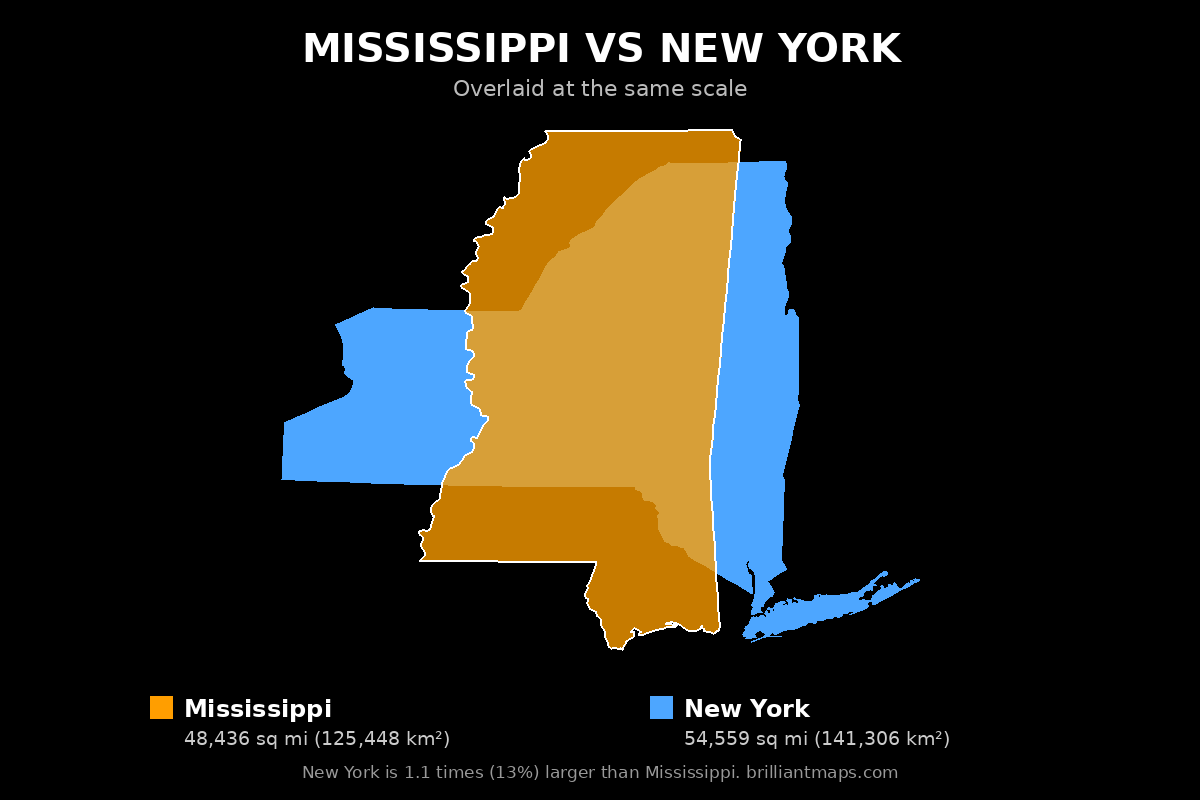 Mississippi vs New York Size Comparison Map