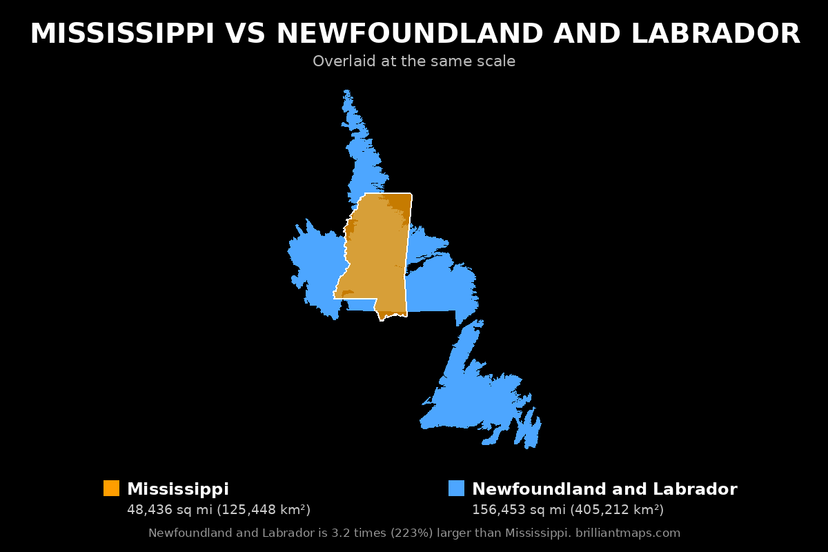Mississippi vs Newfoundland and Labrador Size Comparison Map
