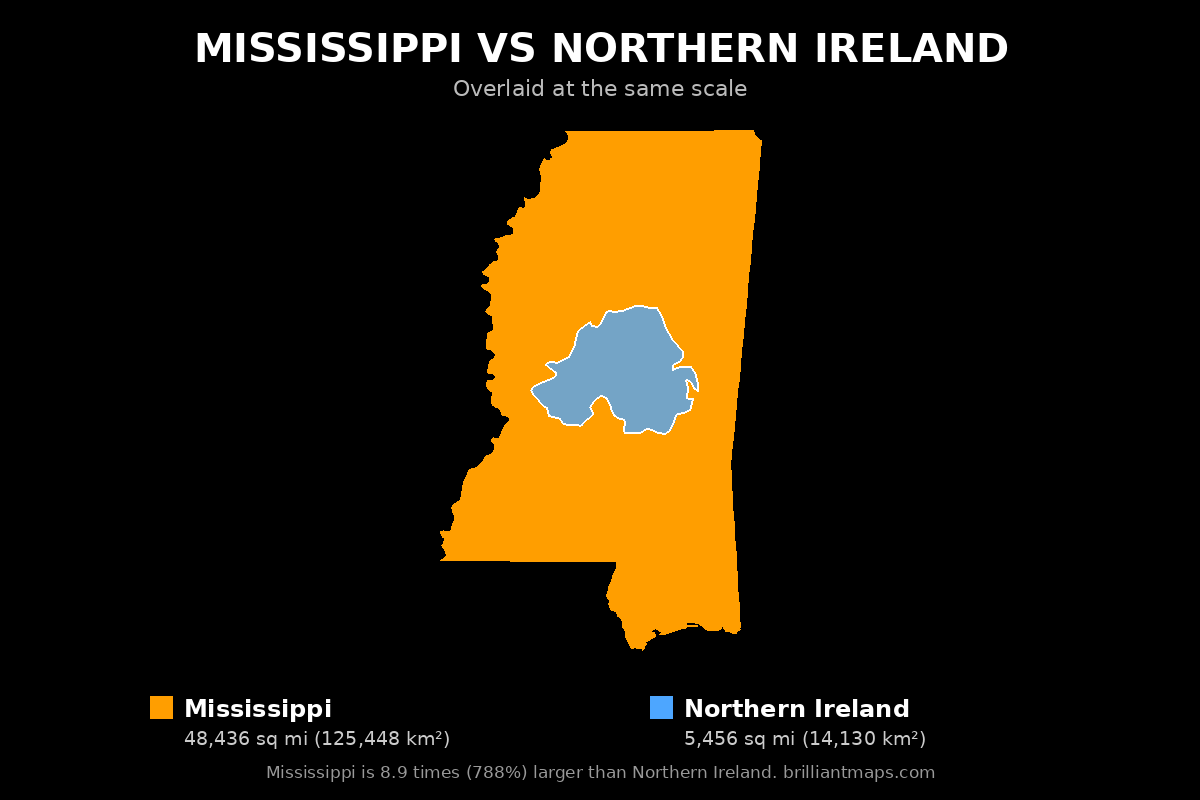 Mississippi vs Northern Ireland Size Comparison Map