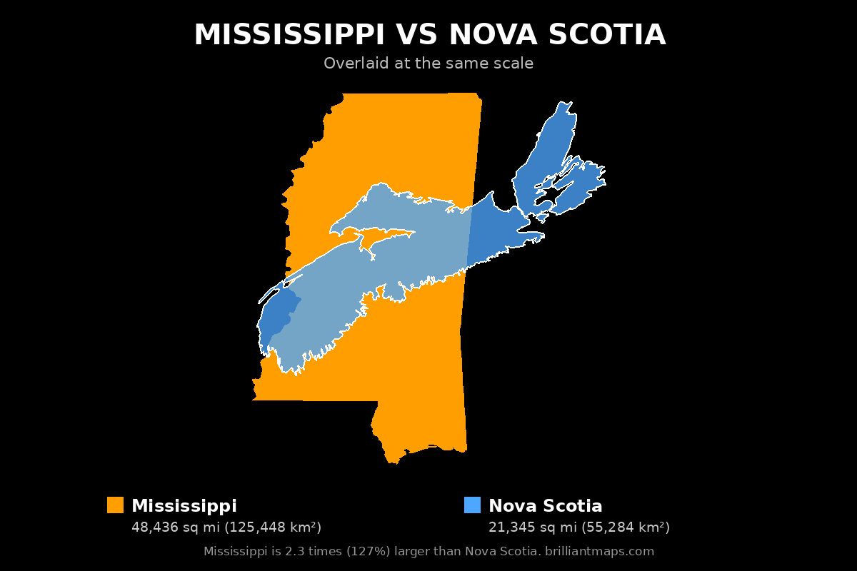 Mississippi vs Nova Scotia Size Comparison Map