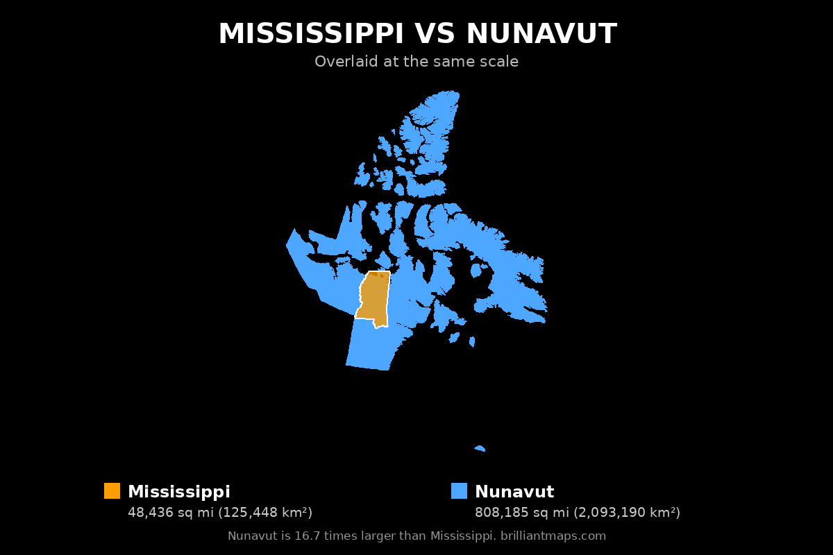 Mississippi vs Nunavut Size Comparison Map