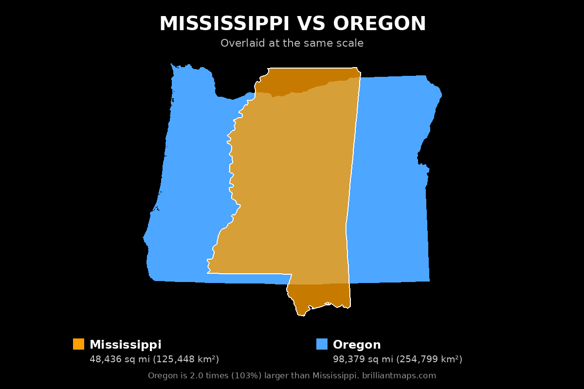 Mississippi vs Oregon Size Comparison Map